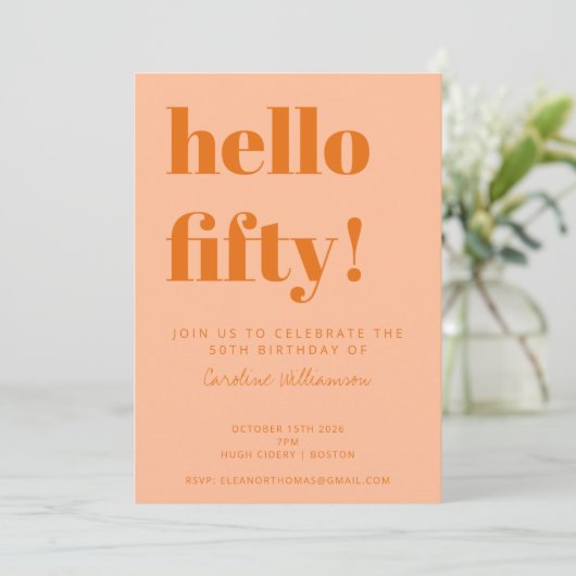 Bold Typography Peach Orange Modern 50th Birthday Einladung (Stehend Vorderseite)