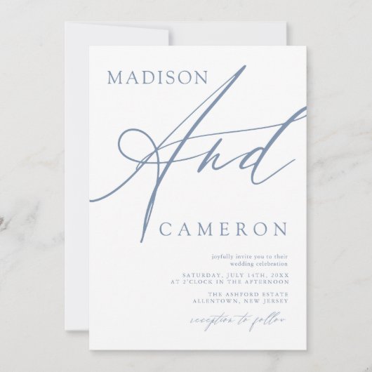 Bold "Und" Calligraphy Dusty Blue Wedding Einladung (Vorderseite)