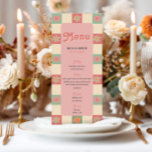Bold und Retro Groovy Wedding Menükarte<br><div class="desc">Dieses kühne Hochzeitsmenü umspannt ein fesselndes 70er-Thema, mit lebhaften Blumenmuster gepaart mit einem Retro-Schachbrettmuster auf der Vorder- und Rückseite, und Platz für Sie, um Ihre eigenen Menüdetails und Initialen hinzuzufügen. Dieses Design ist ideal für Paare, die Vintagen Charme mit einer modernen Drehung Liebe. Ideal für Retro-inspirierte, Boho- oder Sommerhochzeiten, bietet...</div>
