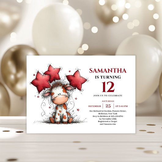 Bold whimsical animals cow kids birthday invite einladung