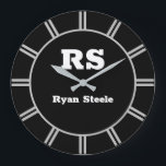 Bold White Monogram & Name, Lt Grey Lines on Black Große Wanduhr<br><div class="desc">Personalize bold white monogram and name with light grey radiating lines on black background.</div>