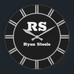Bold White Monogram & Name, Lt Grey Lines on Black Große Wanduhr<br><div class="desc">Personalize bold white monogram and name with light grey radiating lines on black background.</div>