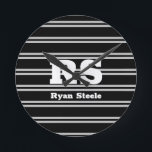 Bold White Monogram & Name, Lt Grey Lines on Black Runde Wanduhr<br><div class="desc">Personalize bold white monogram and name on light grey lines on black background.</div>
