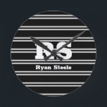 Bold White Monogram & Name, Lt Grey Lines on Black Runde Wanduhr<br><div class="desc">Personalize bold white monogram and name on light grey lines on black background.</div>