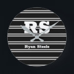 Bold Wht Monogram & Name, Lt Grey Lines, Black Vs2 Runde Wanduhr<br><div class="desc">Personalize bold white monogram and name on light grey lines on black background. Version 2.</div>