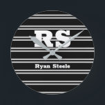 Bold Wht Monogram & Name, Lt Grey Lines, Black Vs2 Runde Wanduhr<br><div class="desc">Personalize bold white monogram and name on light grey lines on black background. Version 2.</div>