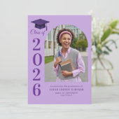 Bold year purple graduation photo announcement einladung (Stehend Vorderseite)