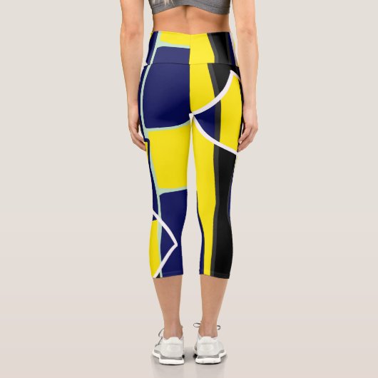 Bold Yellow Blue Abstrakt Black Art Lines Capri Leggings (Rückseite)