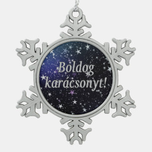 Boldog karácsonyt! Frohe Weihnachten im Schneeflocken Zinn-Ornament