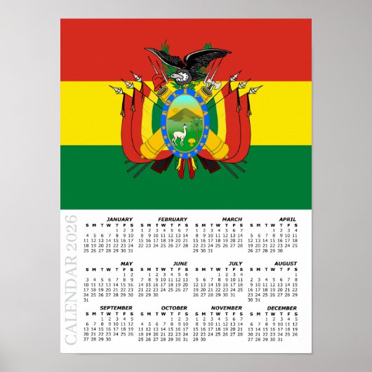 Bolivia 2026 Calendar, Large, Bolivian Flag Poster (Vorne)