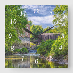 Bollinger-Mühle und Burfordville Covered Bridge Quadratische Wanduhr