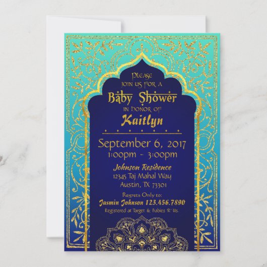 Bollywood Arabian Nights Babydusche Einladung (Vorderseite)