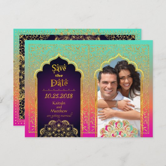 Bollywood Arabian Nights Save the Date Ankündigungspostkarte (Vorne/Hinten)