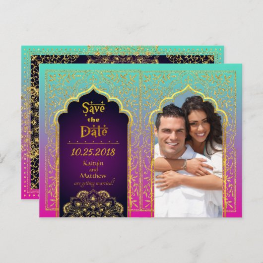Bollywood Arabian Nights Save the Date Ankündigungspostkarte (Vorne/Hinten)