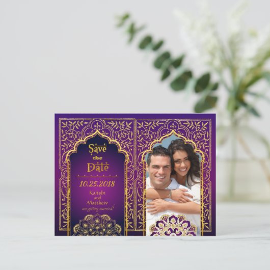 Bollywood Arabian Nights Save the Date Ankündigungspostkarte (Stehend Vorderseite)