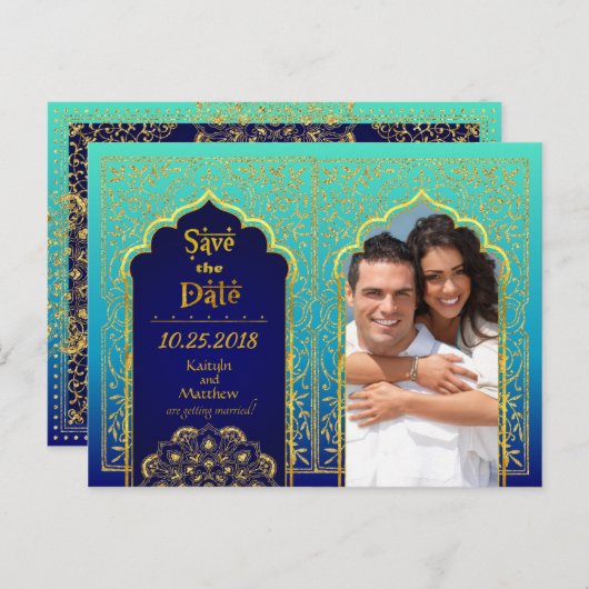 Bollywood Arabian Nights Save the Date Ankündigungspostkarte (Vorne/Hinten)