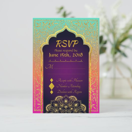 Bollywood Arabian Nights Wedding RSVP Card (Stehend Vorderseite)