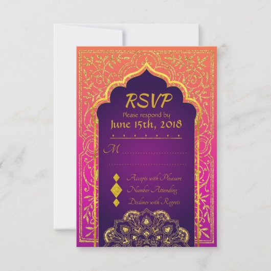 Bollywood Arabian Nights Wedding RSVP Card Karte (Vorderseite)