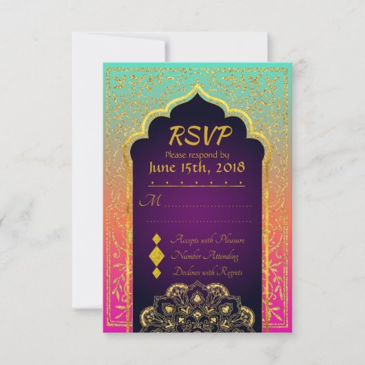 Bollywood Arabian Nights Wedding RSVP Card Karte (Vorderseite)
