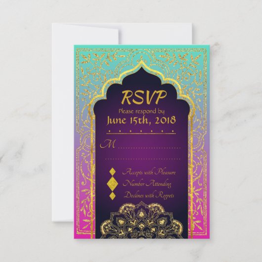 Bollywood Arabian Nights Wedding RSVP Card Karte (Vorderseite)