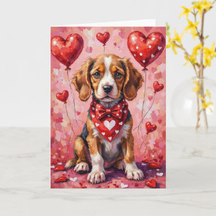 Bologneser Valentinstag Hund sitzt mit Herzen Rot Karte