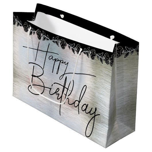 Bolsa de regalo plateada con flores para cumple große geschenktüte (Vorderseite Schrägansicht)