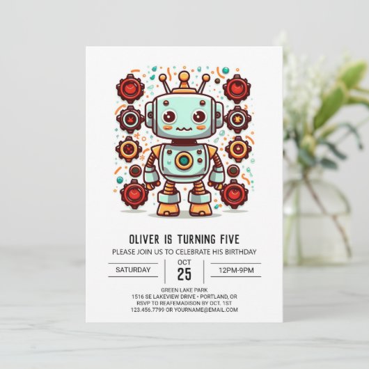 Bolts Boy Builder Robot Birthday Einladung (Stehend Vorderseite)