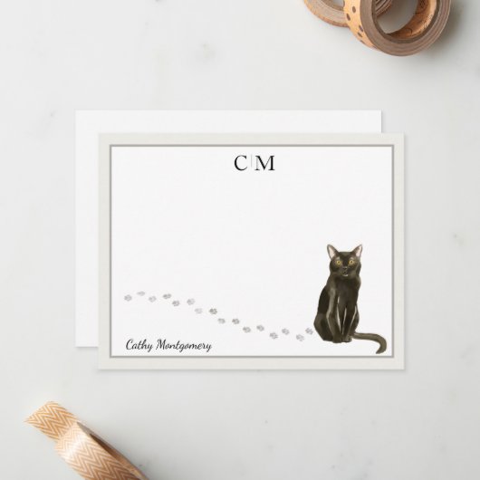 Bombay Cat Gray Border Monogram und Name Mitteilungskarte (Vorderseite/Rückseite Beispiel)