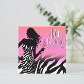 Bombshell Zebra 40. Geburtstag Party Kleid Rosa Einladung (Stehend Vorderseite)