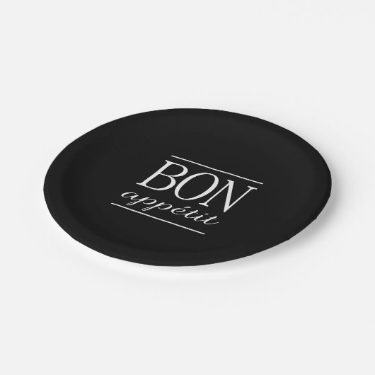 BON APPETIT Black & White Typografy Food Zitat Pappteller (Schrägansicht)