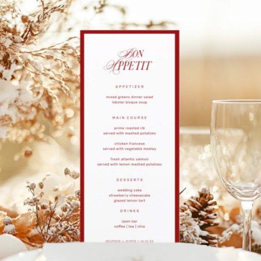 Bon Appetit Classic Elegant Red Wedding Menükarte