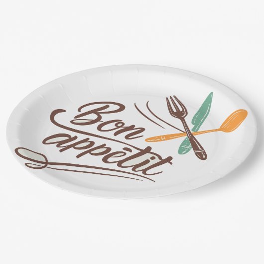 Bon Appétit Kitchen Deco Cutlery Illustration Pappteller (Schrägansicht)