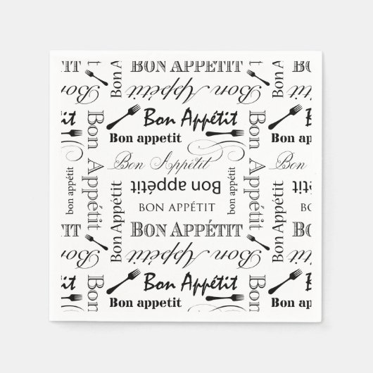 Bon Appetit Klassisches Schwarz-Weiß-Muster Serviette (Vorderseite)