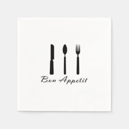 Bön Appetit Schwarz auf Weiße Gabel, Messer und Lö Serviette