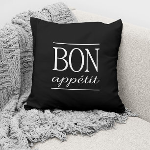 BON APPETIT Schwarze Küchen-Typografie-Zitat Kissen