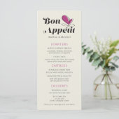 Bon Appetit Wedding Dinner Magenta Creme Menükarte (Stehend Vorderseite)