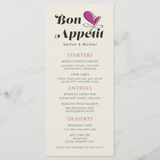 Bon Appetit Wedding Dinner Magenta Creme Menükarte (Vorderseite)
