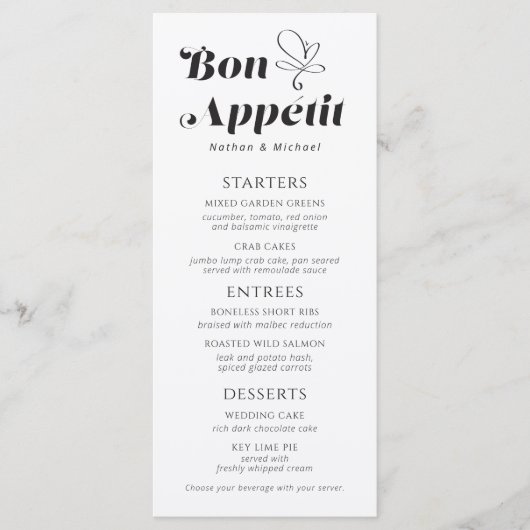 Bon Appetit Wedding Dinner Schwarz-weiße Menü Menükarte (Vorderseite)
