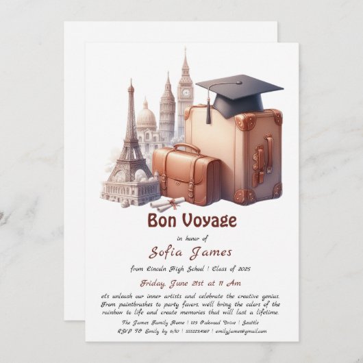 Bon Voyage Abschluss - Ein farbenfroher Abschied v Einladung (Vorne/Hinten)