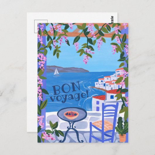 BON VOYAGE Blume Terrasse Griechische Insel Postkarte (Vorne/Hinten)