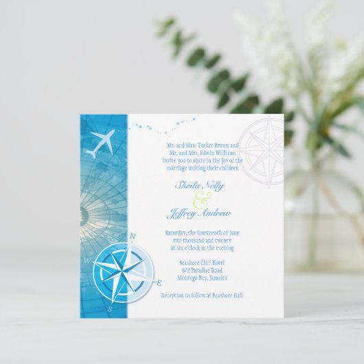 Bon Voyage Einzigartige Hochzeit im Ausland Einladung (Stehend Vorderseite)