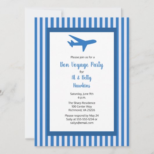 Bon Voyage Party Flugzeug Couple Blue Strips Einladung (Vorderseite)
