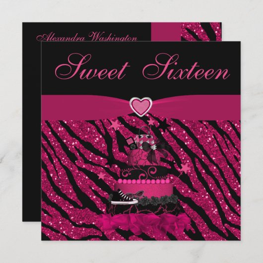 Bonbon16 modische rosa Kuchen-u. Zebra-Streifen Einladung (Vorne/Hinten)