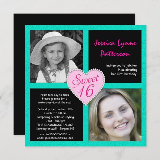 Bonbon 16 aquamarine schwarze Bling Einladung (Vorne/Hinten)