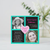 Bonbon 16 aquamarine schwarze Bling Einladung (Stehend Vorderseite)