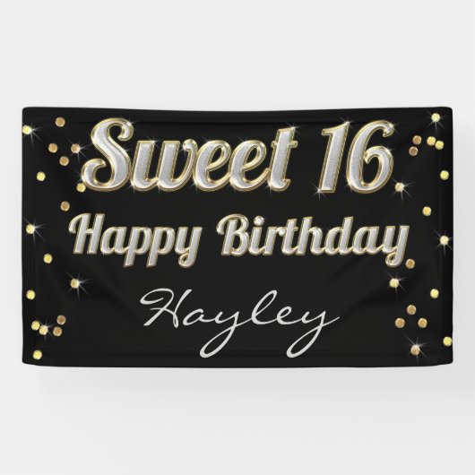 Bonbon 16 Bling Typografie-Goldconfetti-Schwarzes Banner (Horizontal)