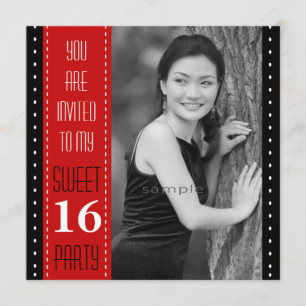 Bonbon-16. Geburtstags-schwarzes rotes großes Foto Einladung