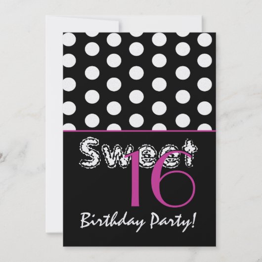 Bonbon 16 Geburtstags-Schwarzweiss-Tupfen Einladung (Vorderseite)
