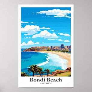 Bondi Beach Australia Vintage Travel Illustration Poster