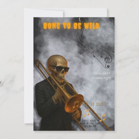 Bone to Be Wild - Skeleton Trombone | Halloween Einladung (Vorderseite)
